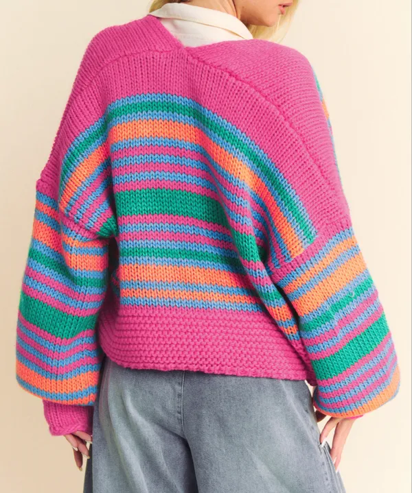 Striped Drop Shoulder Puff Sleeve Cardigan