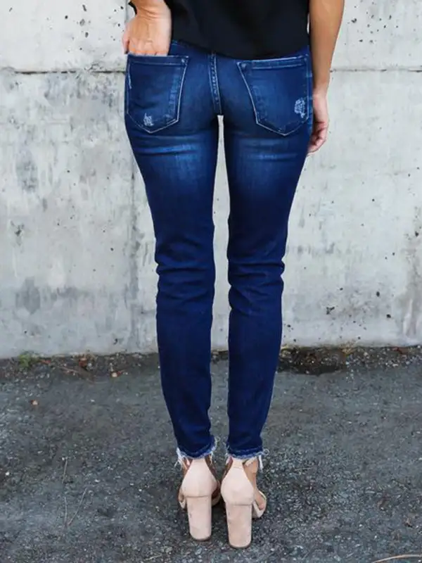 Fitted Pleated Destroyed Stretch Penny Denim Jeans