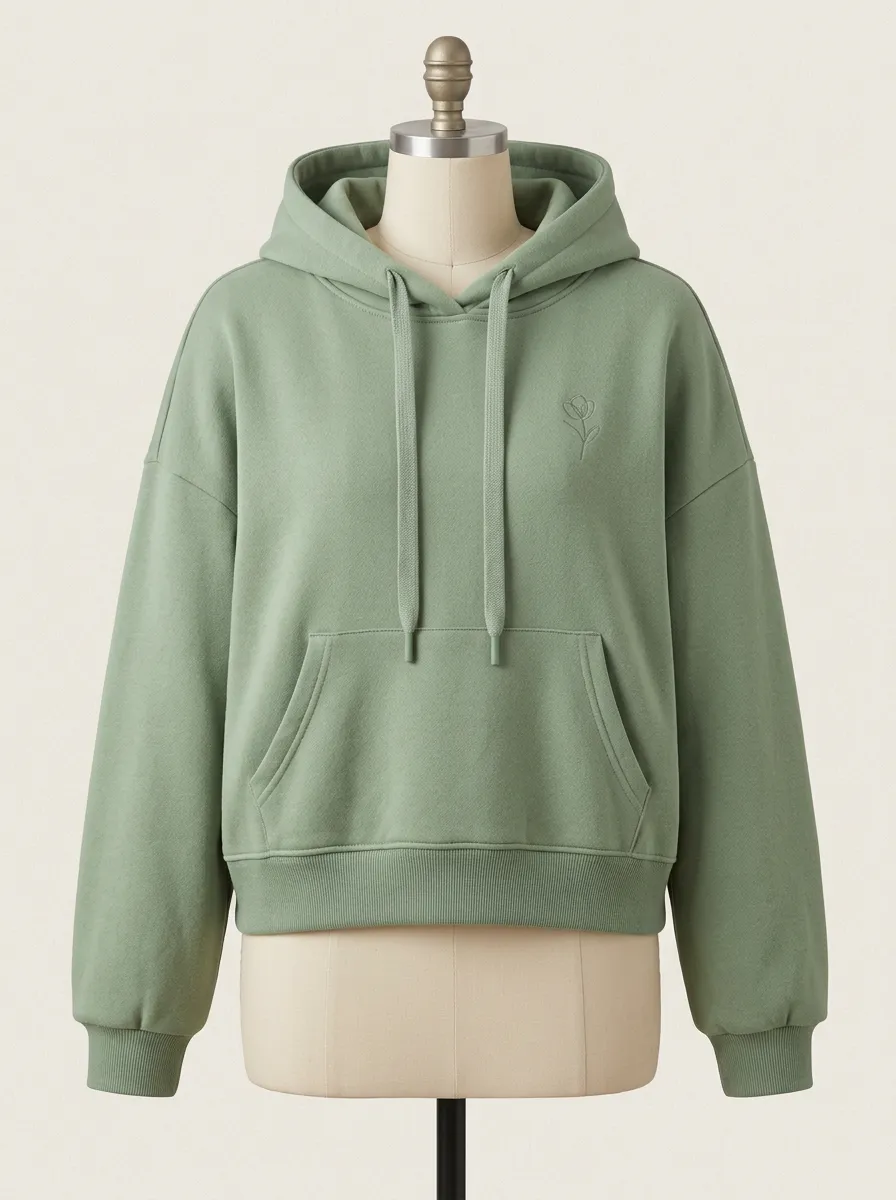 Women's Minimalist Floral Sage Green Embroidered Hoodie