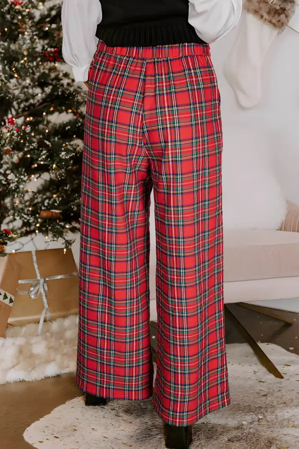 Festive Plaid Wide Leg Pull On Trousers