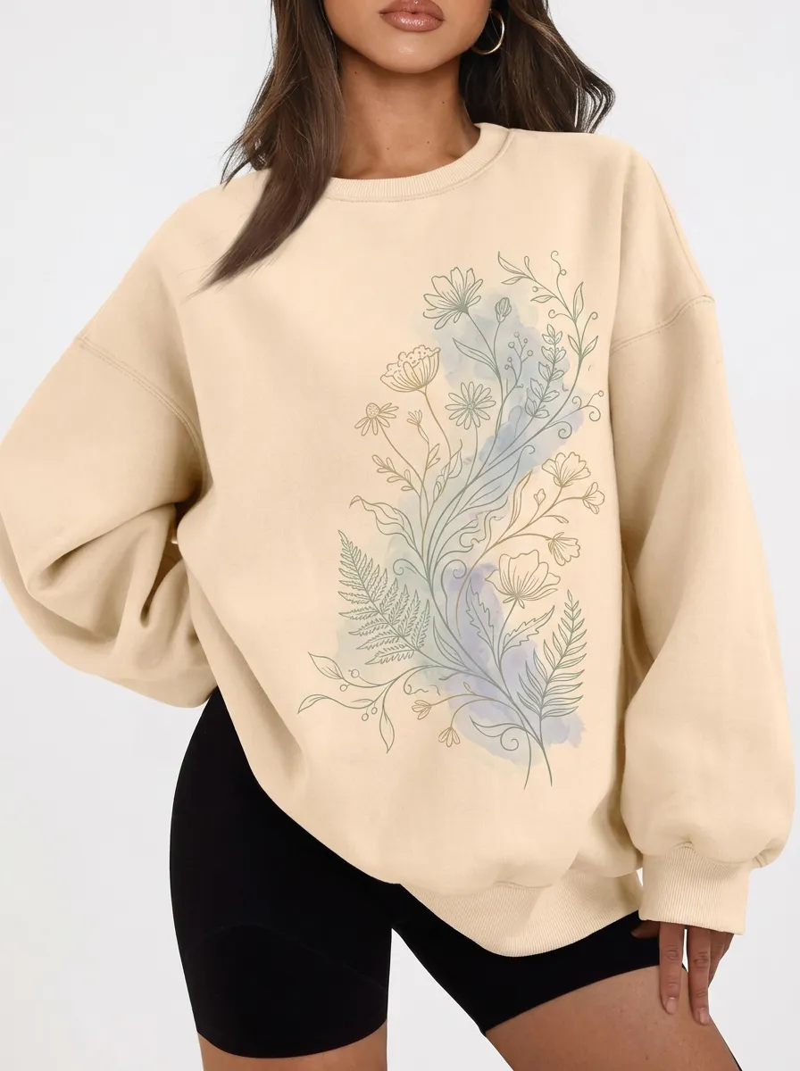 Women's Botanical Nature Lover Watercolor Floral Printed Sweatshirt