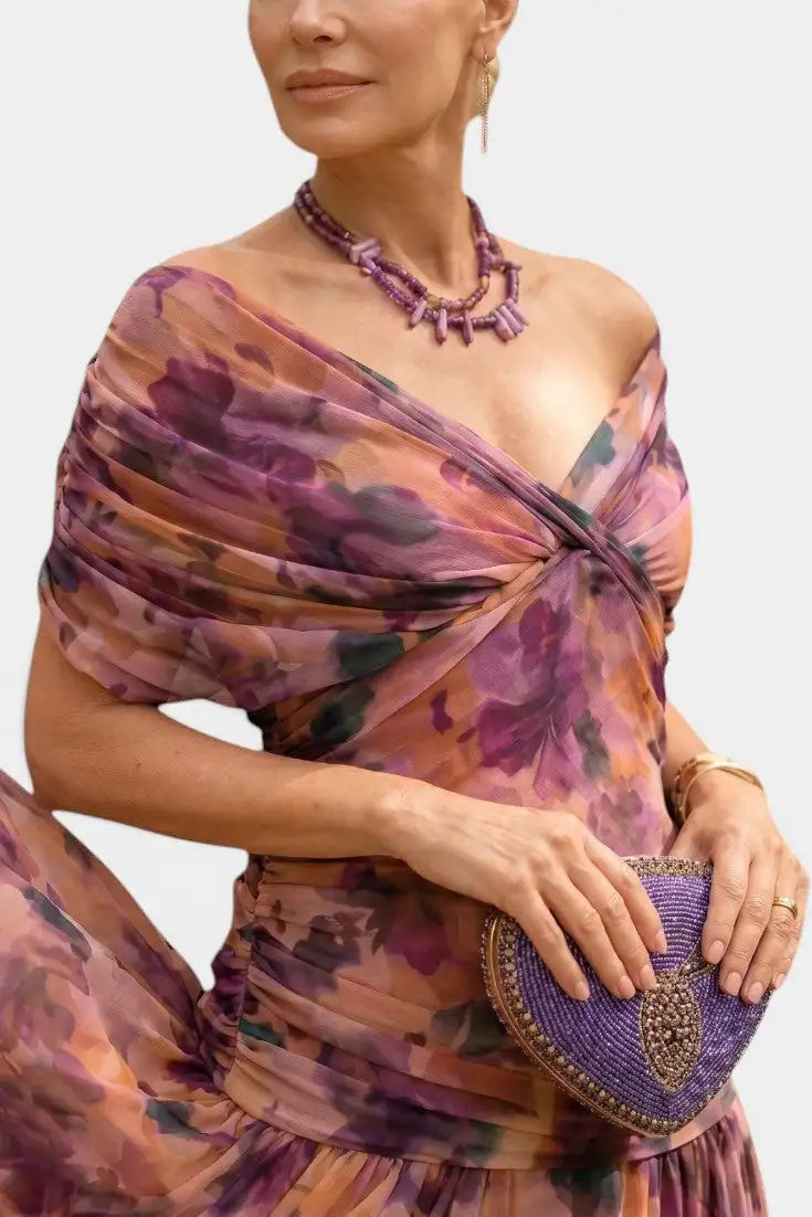 Off-Shoulder Watercolor-Print Maxi Dress