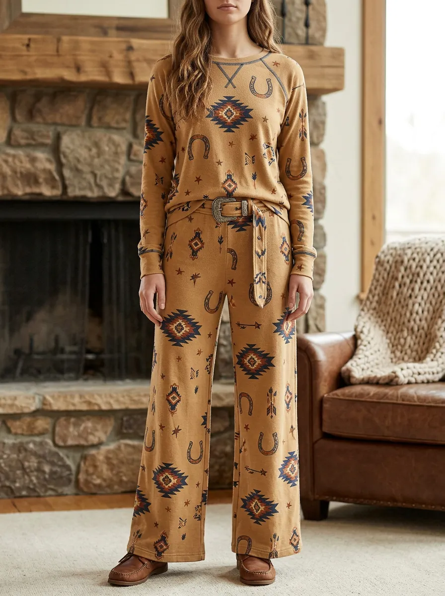 Women's Western Horseshoe Aztec Printed Long Sleeve Lounge Set