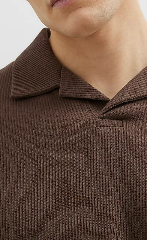 Men's Brown Stylish Ribbed Polo Shirt Short Sleeves