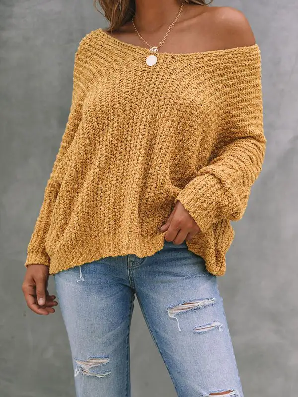 V-Neck Long Sleeve Relaxed Fit Pullover Sweater