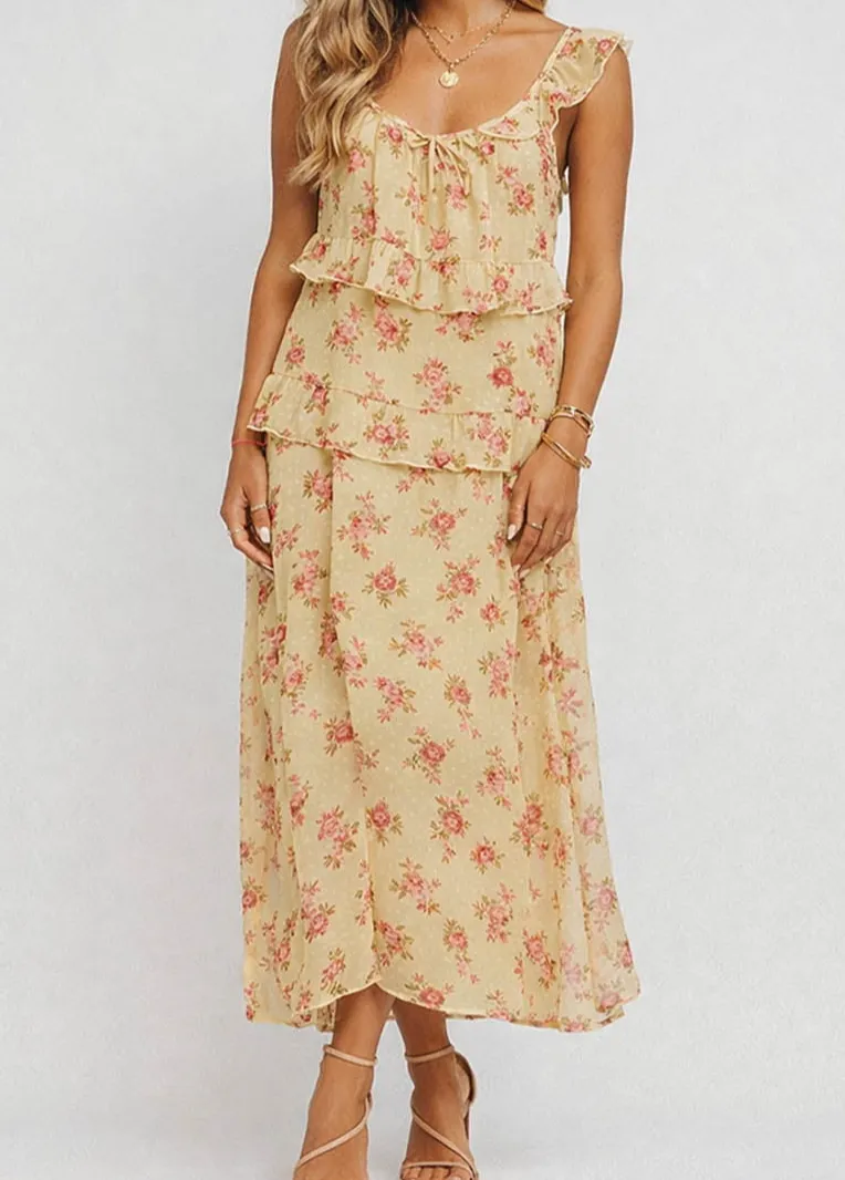 Boho Front Tiered Ruffle Sleeveless Midi Dress