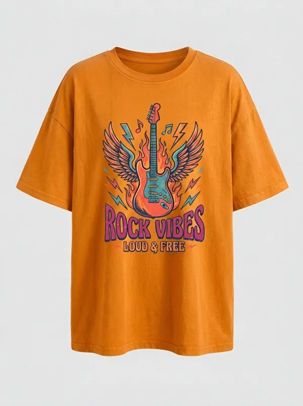 Unisex Rock Music Lover Flaming Guitar Wings Printed T-shirt