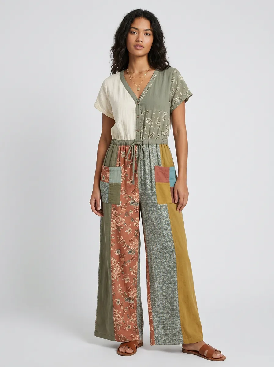 Women's Boho Style Floral Paisley Patchwork Printed Jumpsuit
