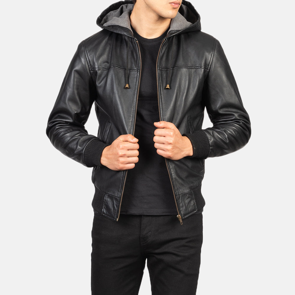 Men's Classic Bomber Hooded Leather Jacket