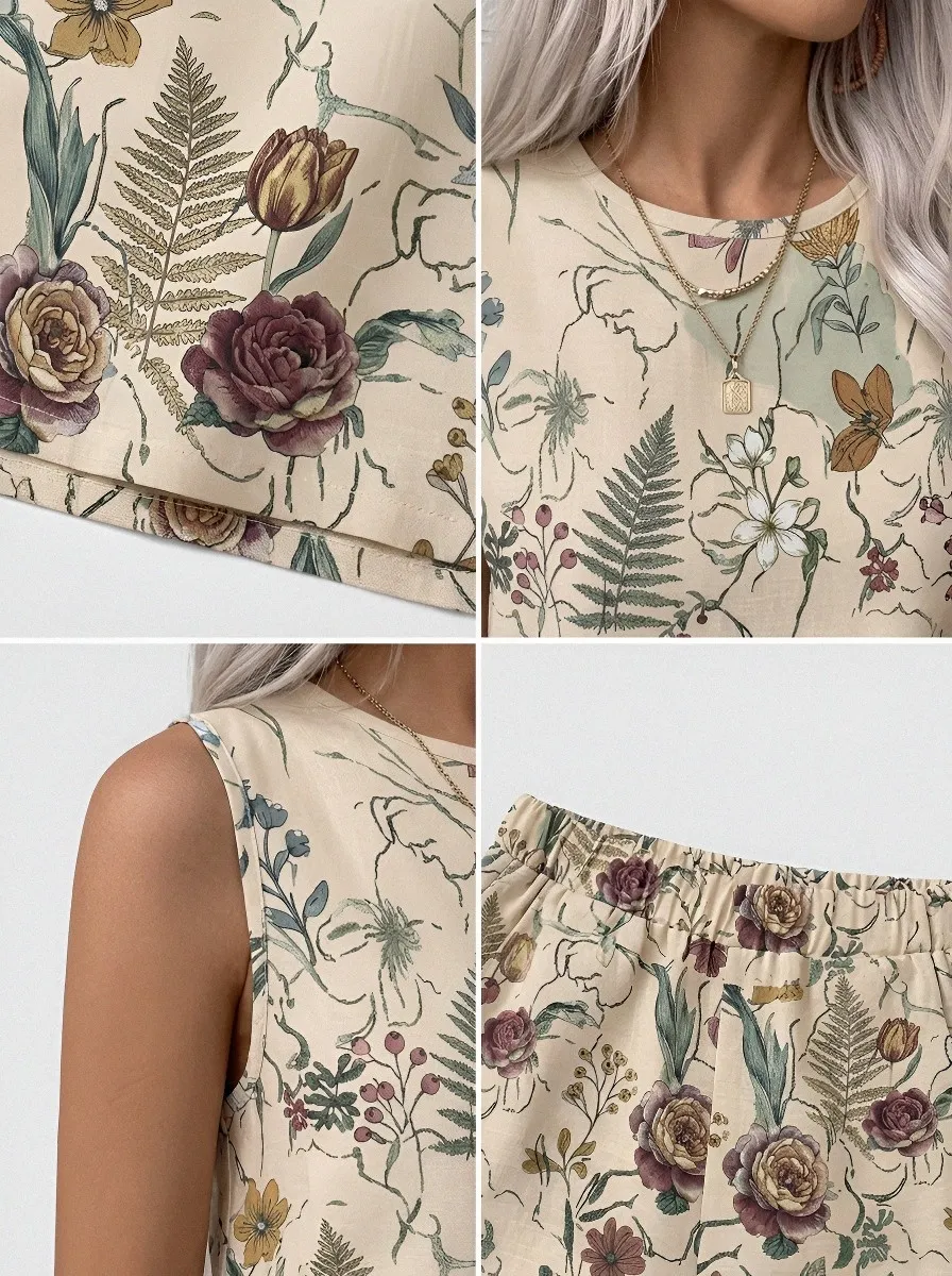 Women's Botanical Garden Floral Printed Sleeveless Shorts Set