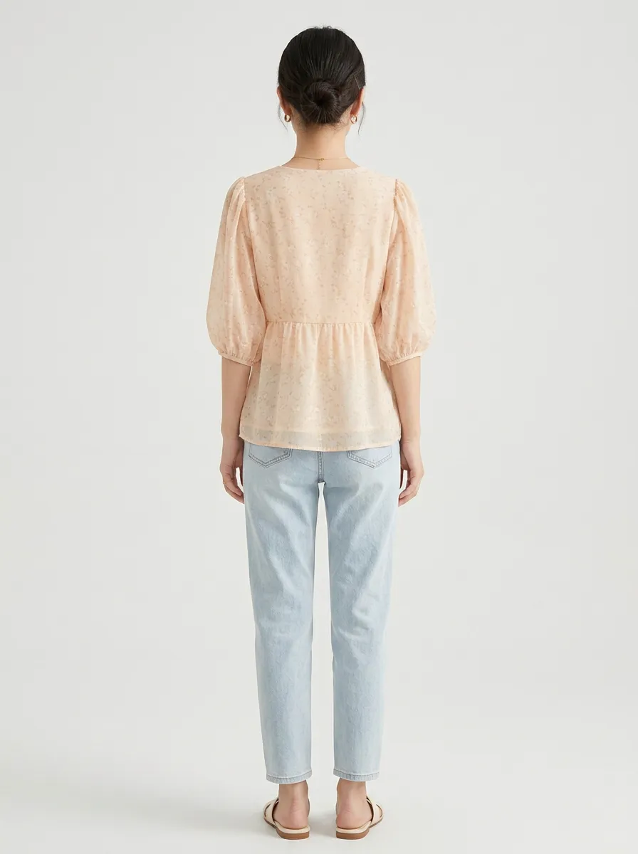 Floral Peplum Button-Front Women's Puff-Sleeve Blouse