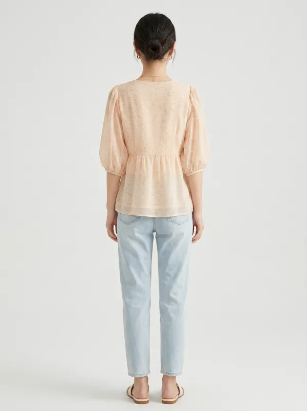 Floral Peplum Button-Front Women's Puff-Sleeve Blouse