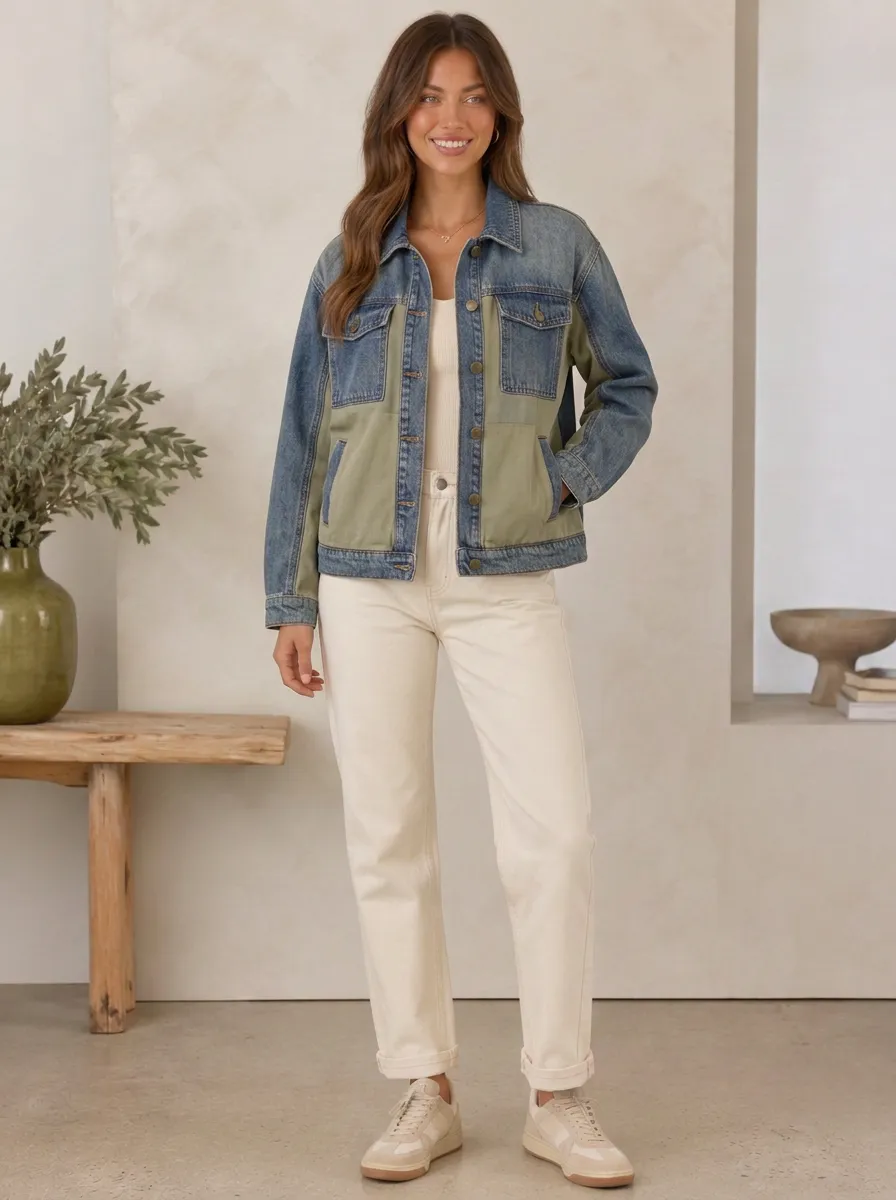 Women's Casual Fashion Colorblock Denim Patchwork Jacket