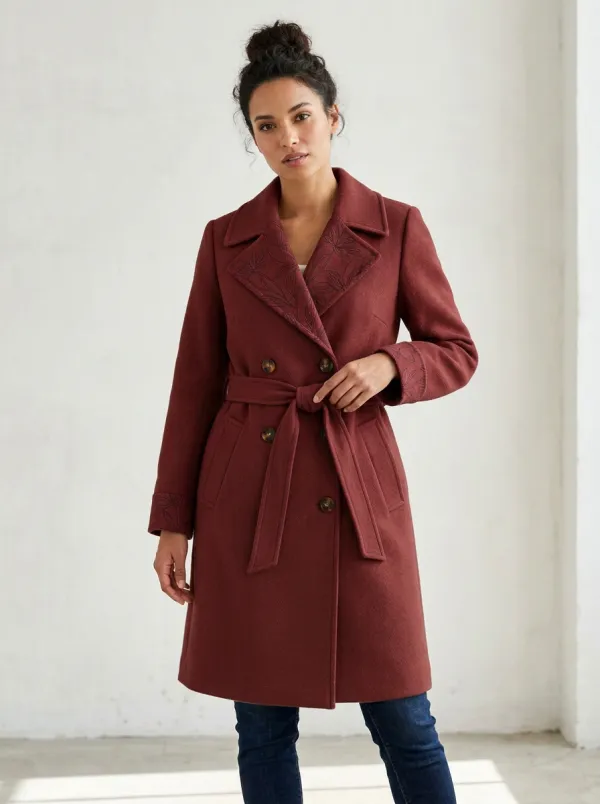 Women's Floral Line Art Camel Printed Trench Coat