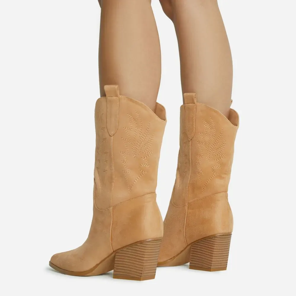 Faux-Suede Embroidered Pointed-Toe Chunky-Heel Mid-Calf Boots