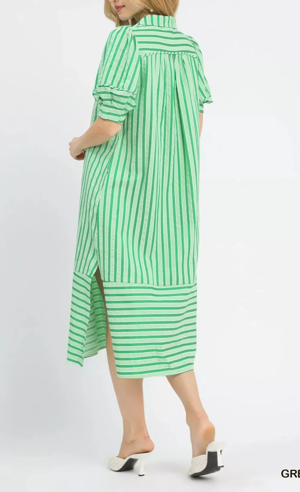Striped Puff Sleeve Pocketed Midi Dress