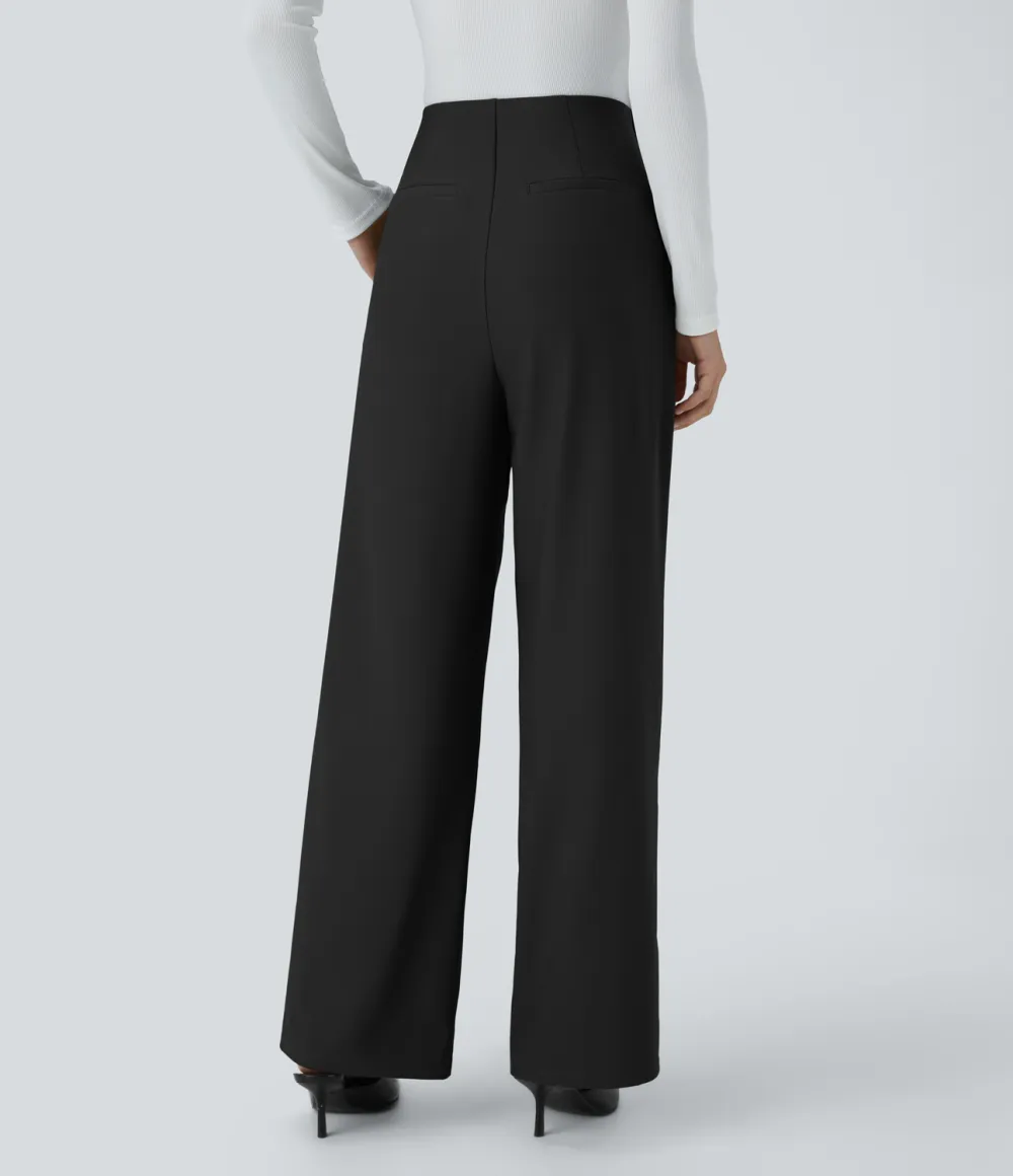 High Waisted Decorative Button Plicated Side Pocket Straight Leg Twill Work Pants