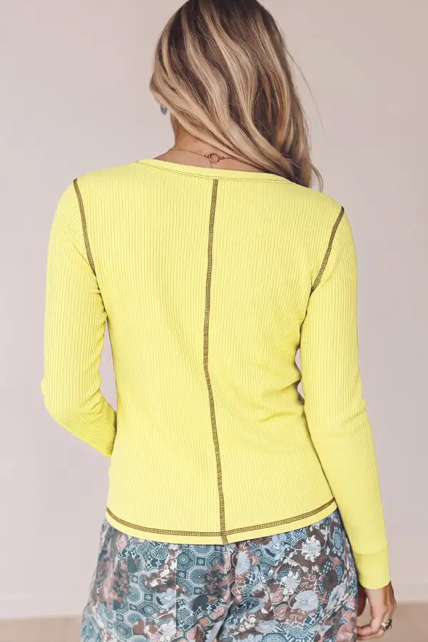 Solid V Neck Ribbed Relaxed Viscose Blend Long Sleeve Top