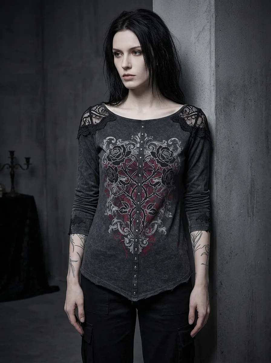 Victorian-Inspired Rose Floral Lace Street Look Women's Gothic T-Shirt
