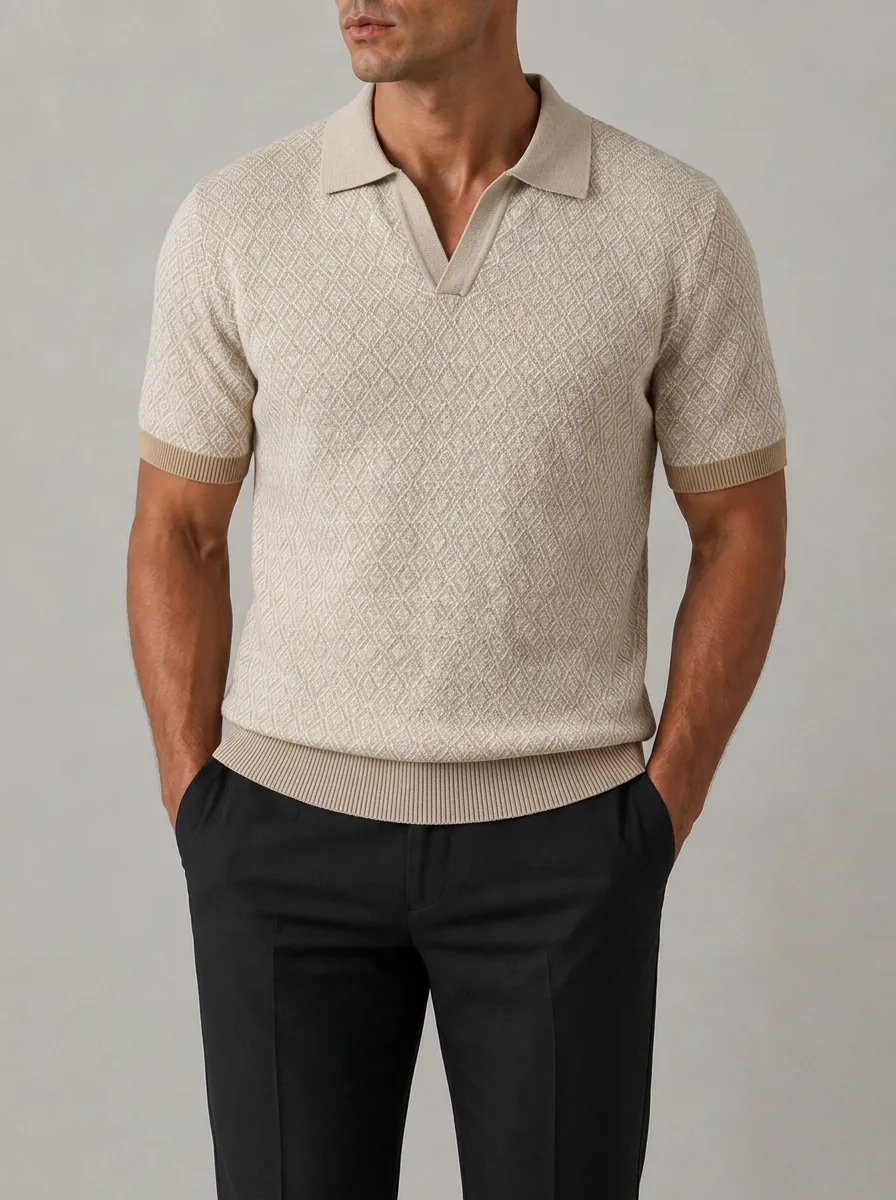 Men's Casual Vintage Diamond Pattern Knitted Polo Shirt