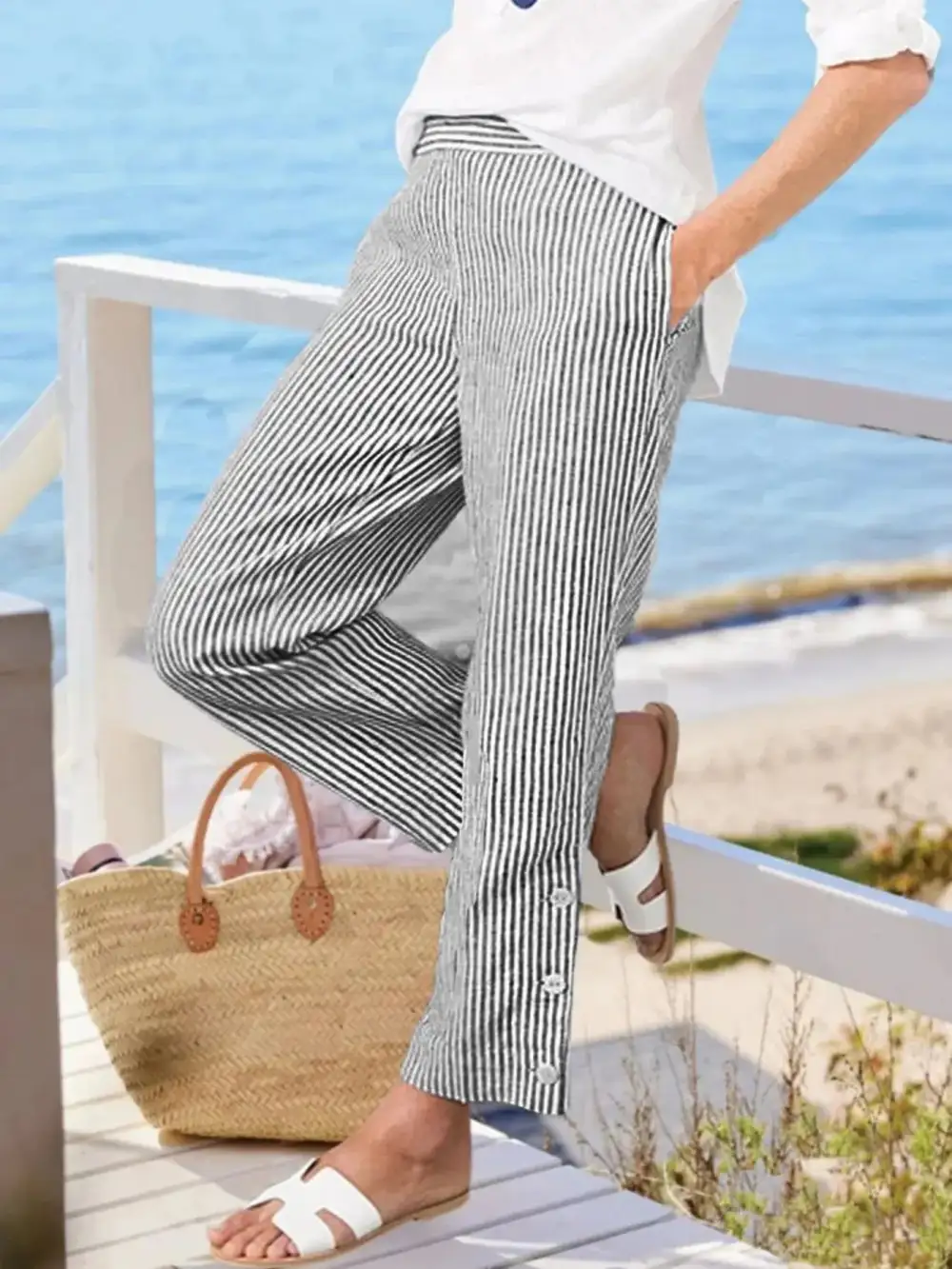 Striped Button Detail Pocketed Casual Pants