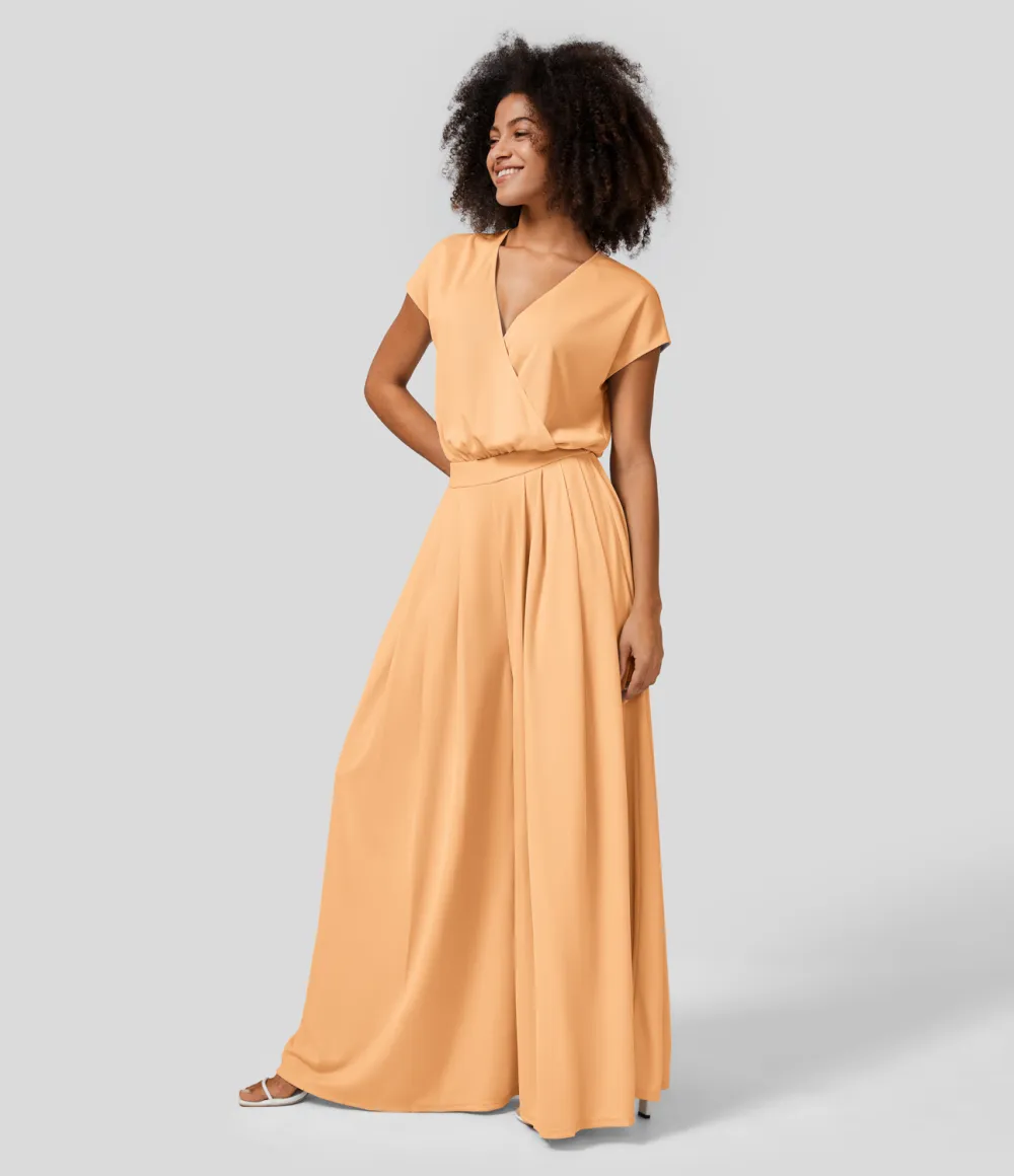 V Neck Short Sleeve Plicated Side Pocket Wide Leg Flowy Waffle Casual Jumpsuit