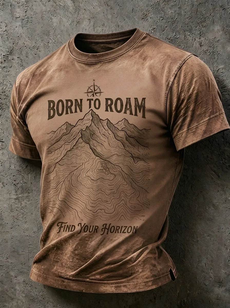 Men's Outdoor Adventure Born To Roam Mountain Topographic Printed T-shirt