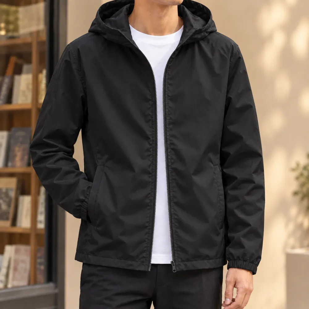 Hooded Woven Zip-Front Jacket