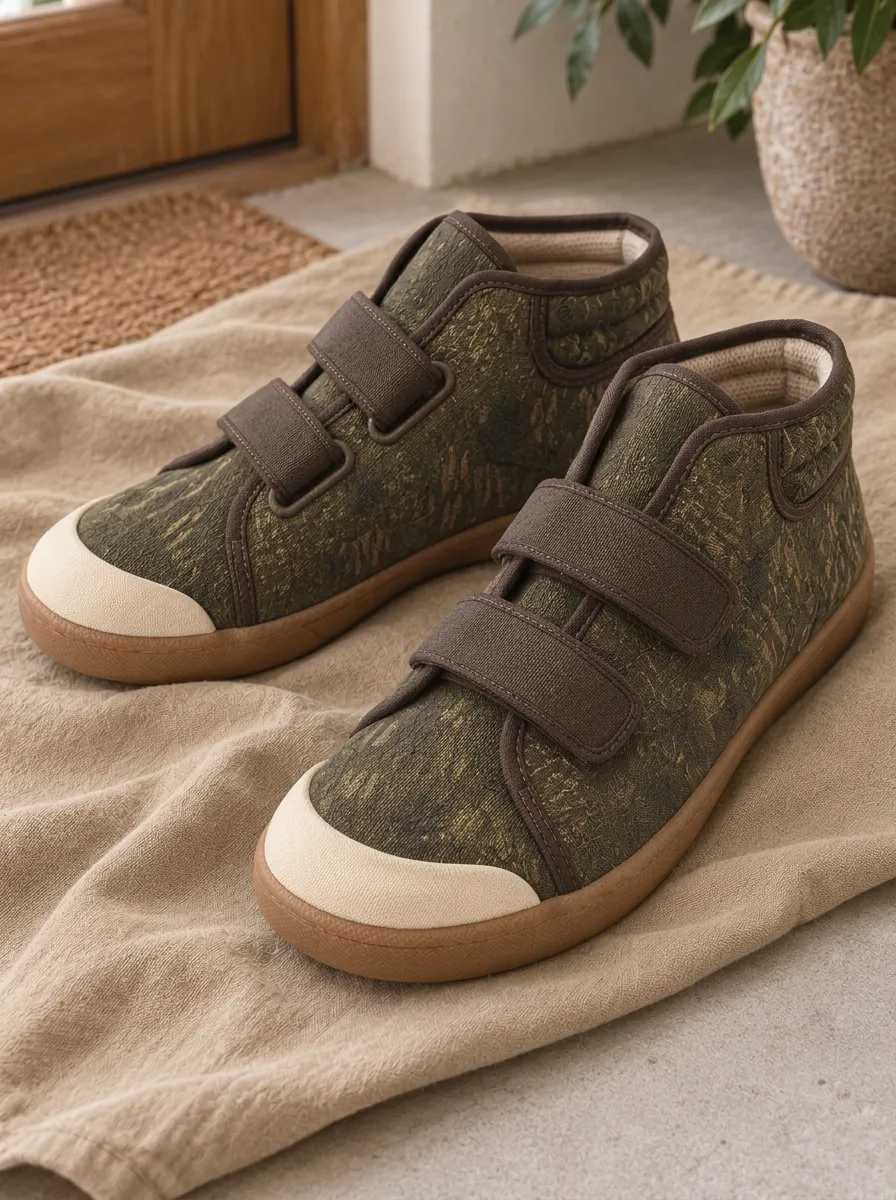 Men's Olive Camo Texture Velcro Strap Printed Canvas Shoes