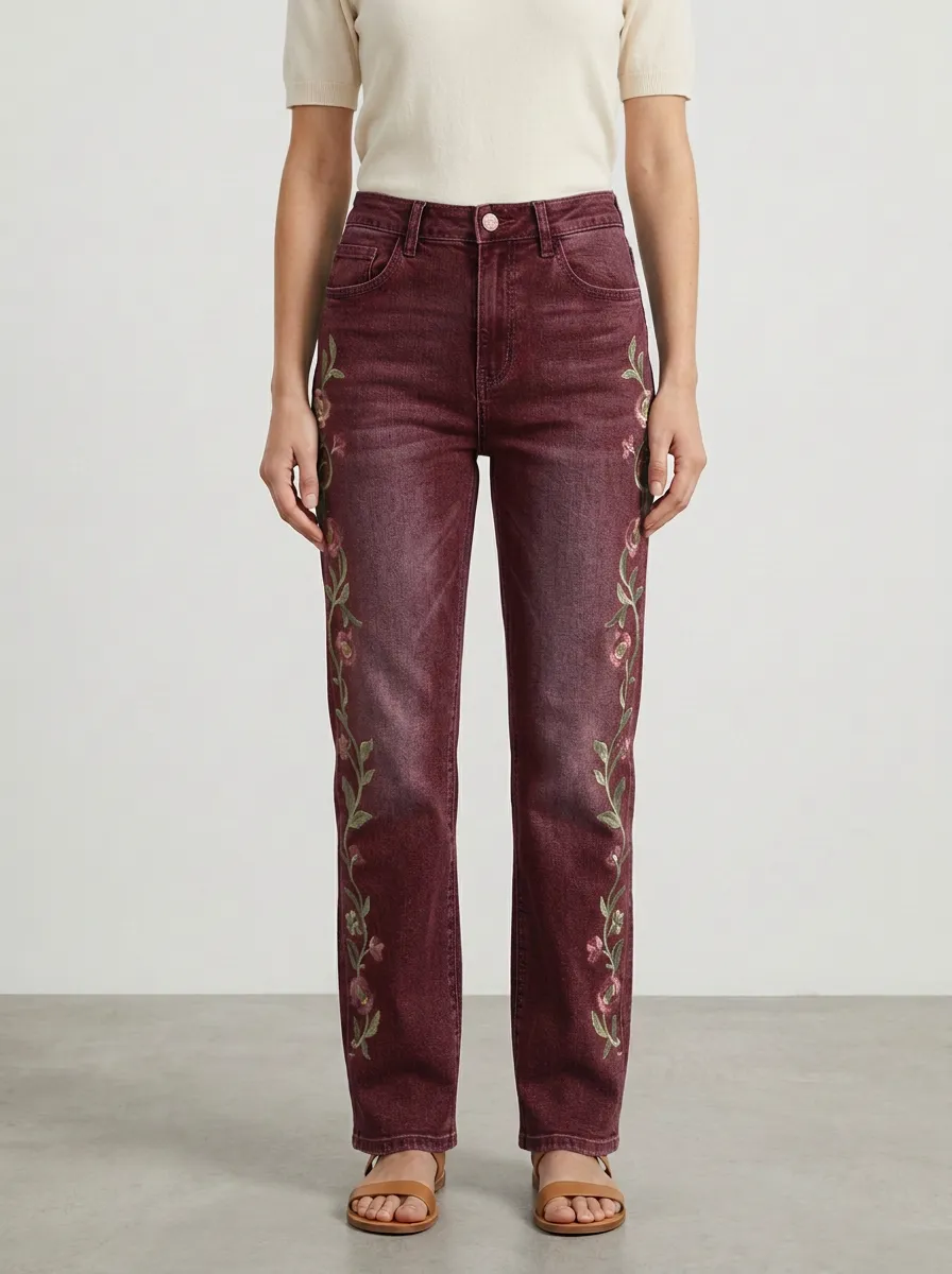 Women's Medium Wash Floral Rose Embroidered High-Rise Straight Leg Jeans