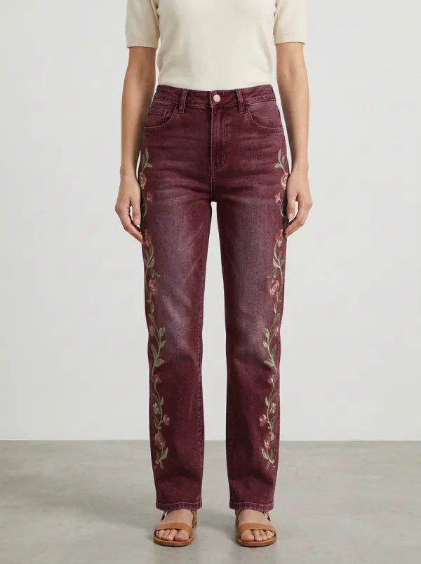 Women's Medium Wash Floral Rose Embroidered High-Rise Straight Leg Jeans