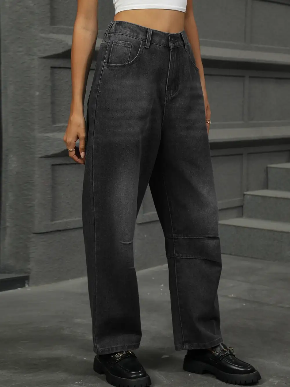 Straight Leg Elastic Waist Denim Jeans