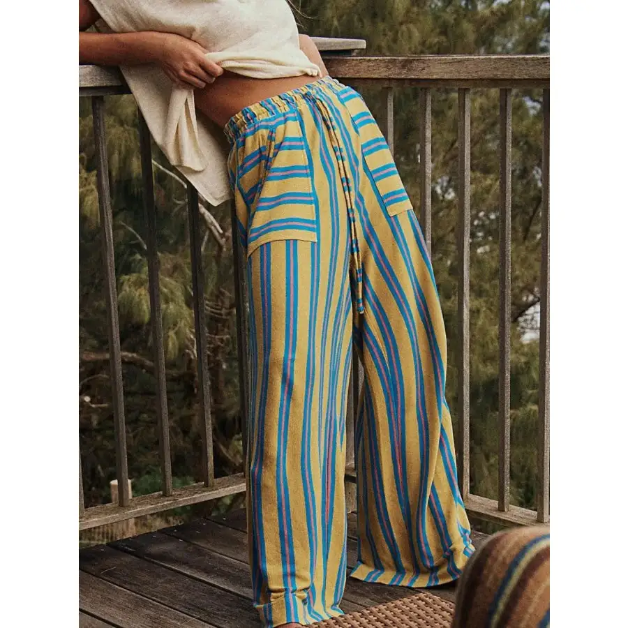 Relaxed Striped Wide Leg Drawstring Pants