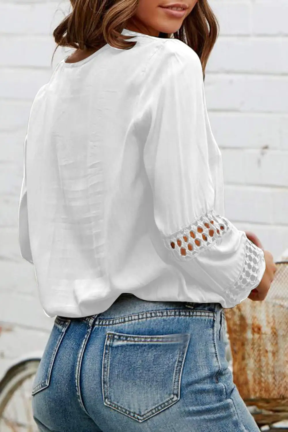 Deep V Neck Crochet Hollow Out Blouse