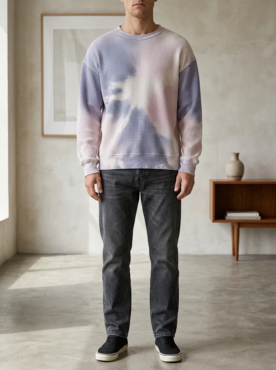 Men's Multicolor Tie-Dye Waffle Knit Crewneck Sweatshirt
