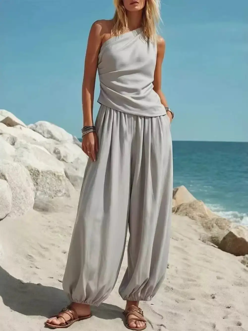 Full Size One Shoulder Top and Wide Leg Pants