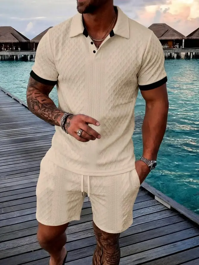Men's Colorblock Polo Shirt & Drawstring Shorts Set, Textured Knit Short Sleeve, Casual Daily Wear, Summer Tropical Fashion Choice, Menswear, Clothes