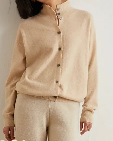 Cashmere Wool Button-Front Turtleneck Cardigan