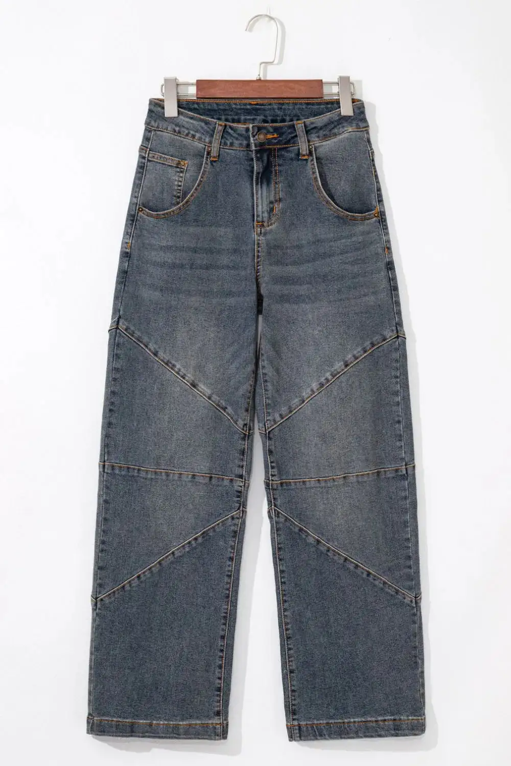 High-Waist Washed Stretch Straight Leg Jeans