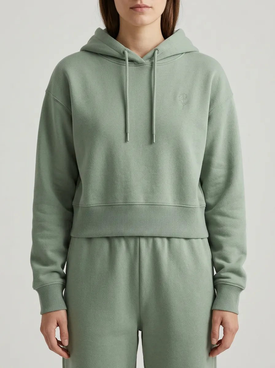 Women's Minimalist Sage Green Small Flower Embroidered Cropped Hoodie