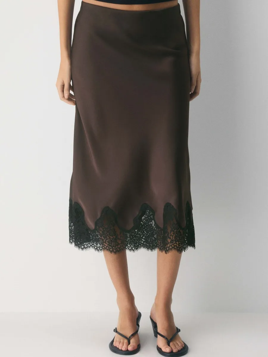 Satin Lace Midi Skirt