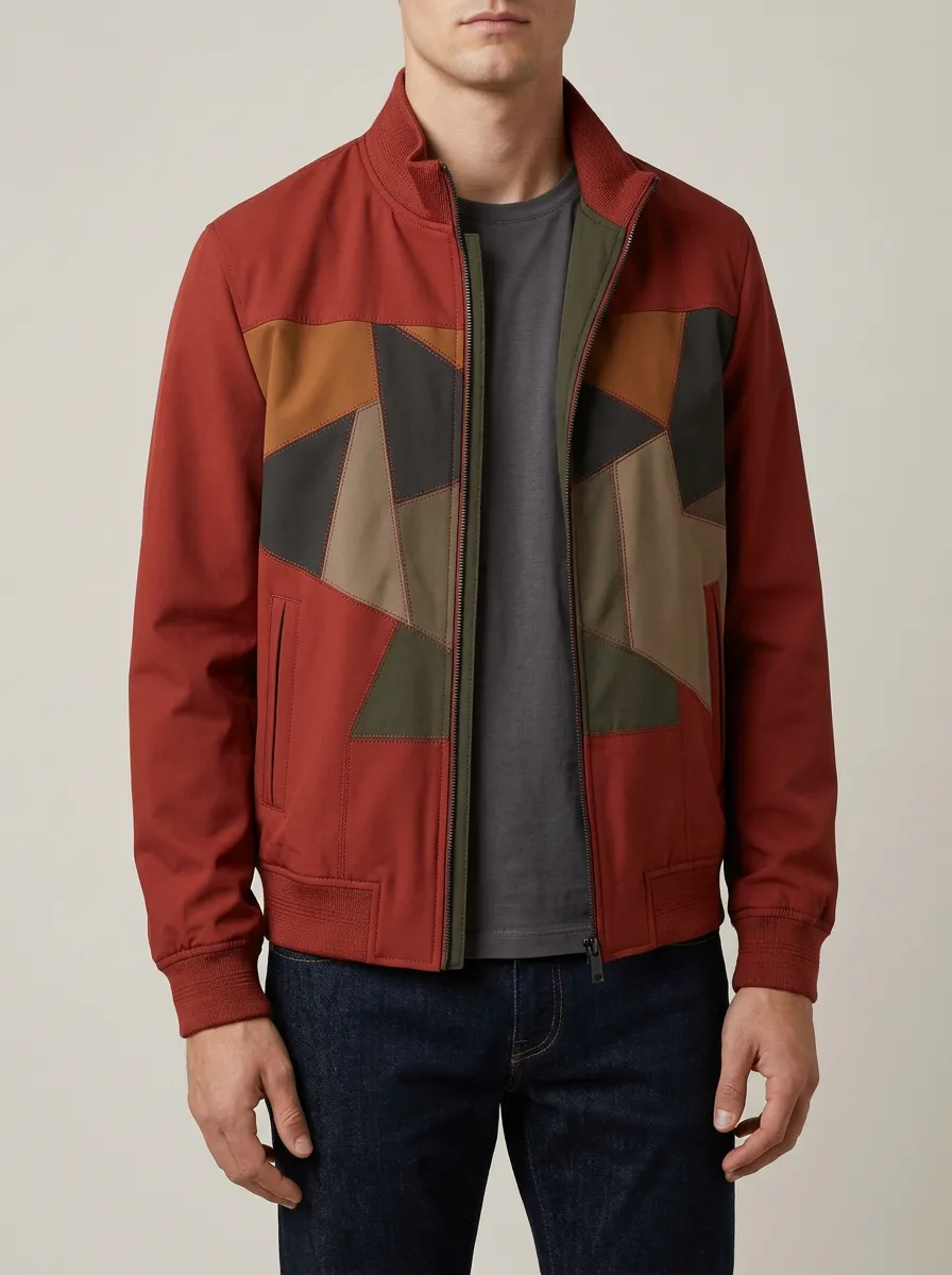Men's Geometric Colorblock Patchwork Printed Bomber Jacket