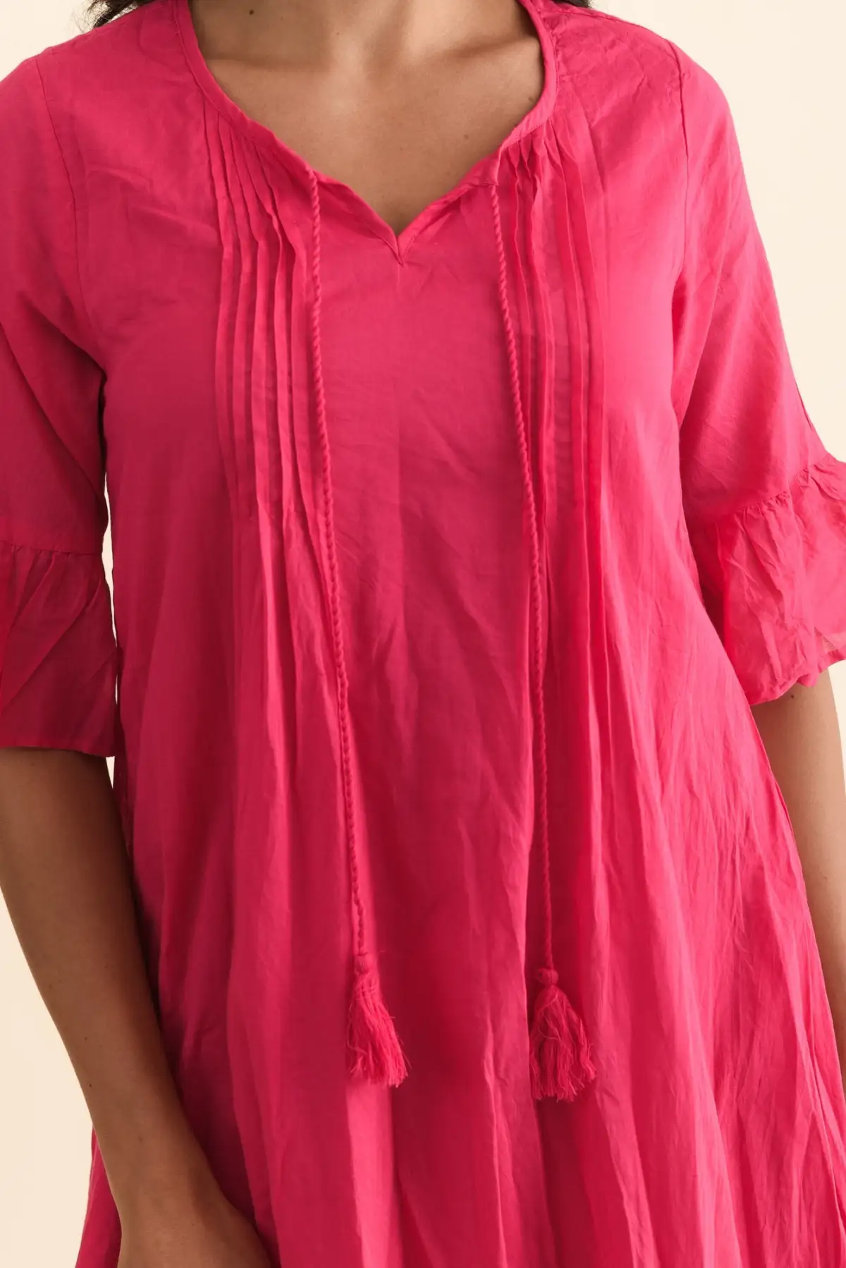 Above-Knee Cotton Pleated V-Neck A-Line Half-Sleeve Relaxed Tunic Dress