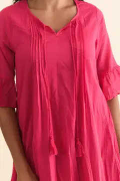 Above-Knee Cotton Pleated V-Neck A-Line Half-Sleeve Relaxed Tunic Dress
