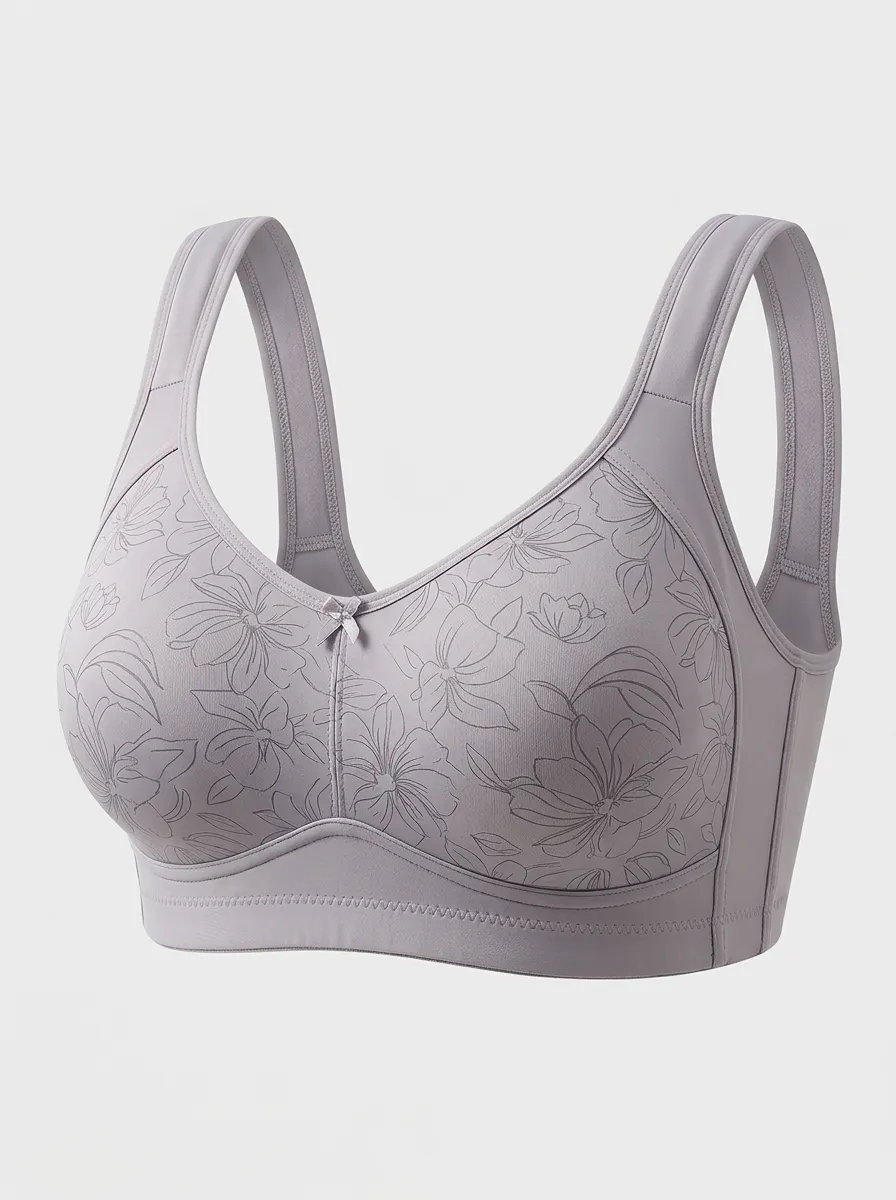 Women's Plus Size Lavender Floral Outline Full-Coverage Wide-Strap Wireless Bra