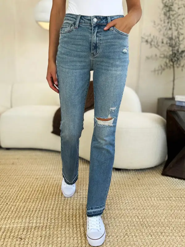Washed Mid Rise Distressed Denim Jeans