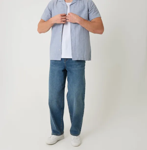 Men's Denim Blue Linen Cotton Blend Short Sleeve Shirt