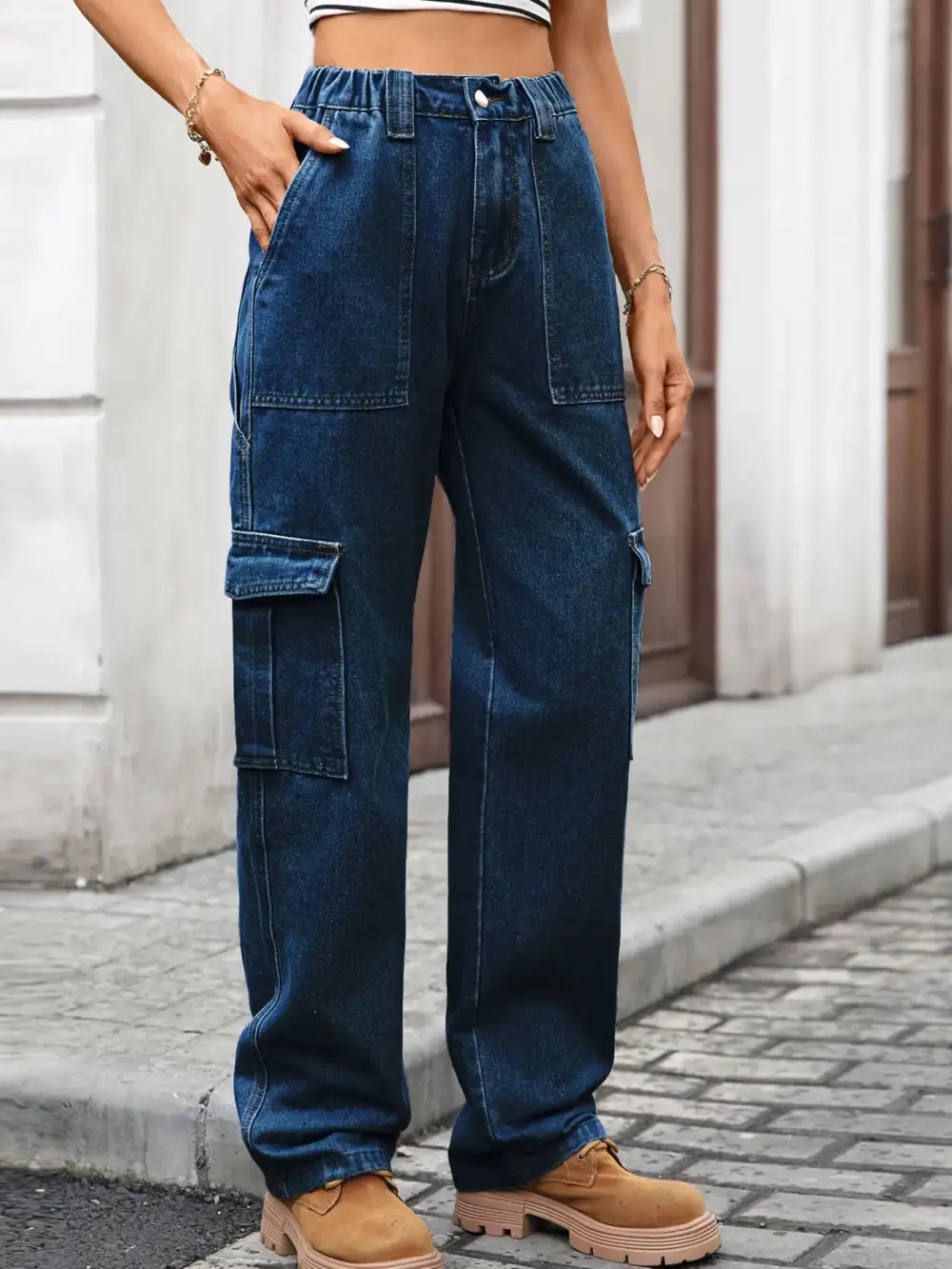 Versatile High Waist Cargo Denim Jeans