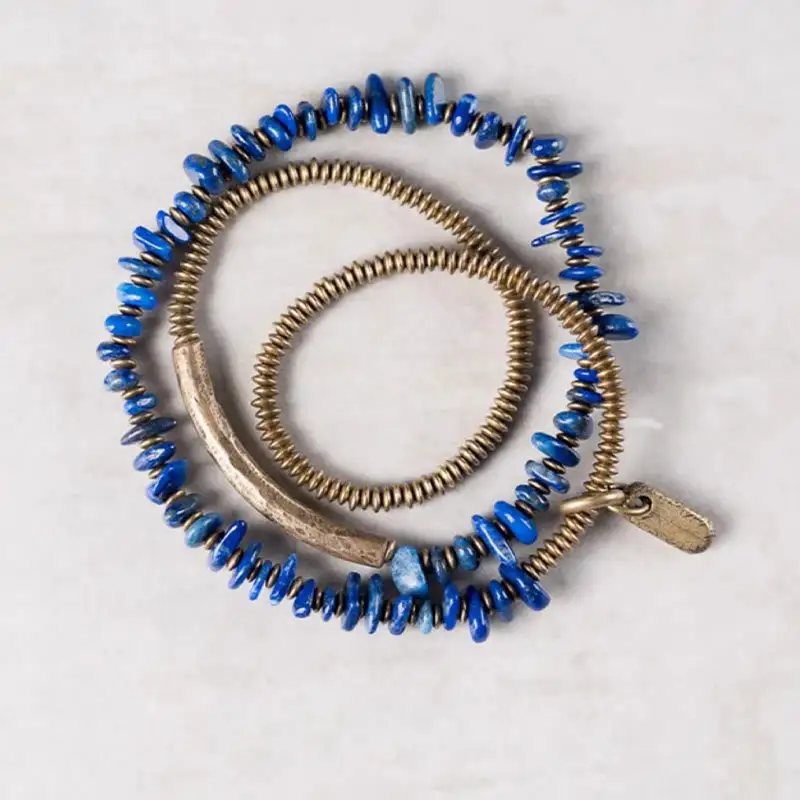 Irregular Shape Triple Wrap Lazurite Lapis Lazuli Bracelet