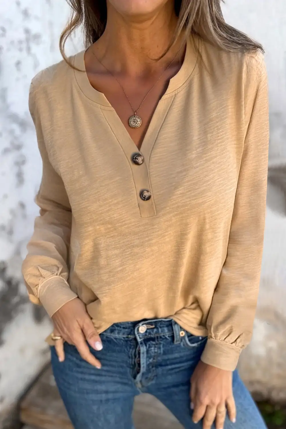 Solid V Neck Long Sleeve Women's Top